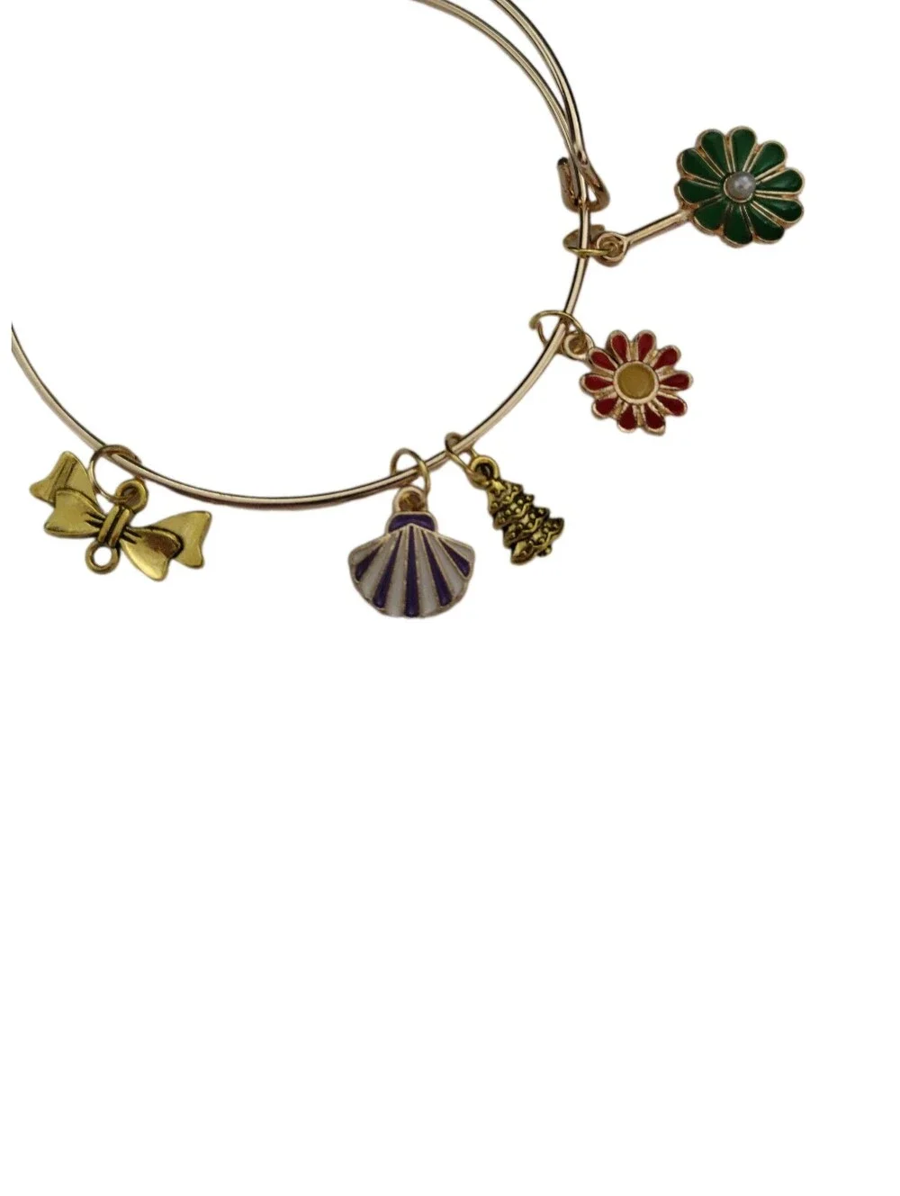 Adjustable Bangle Bracelet with Green & Red Flower Charms NWOT